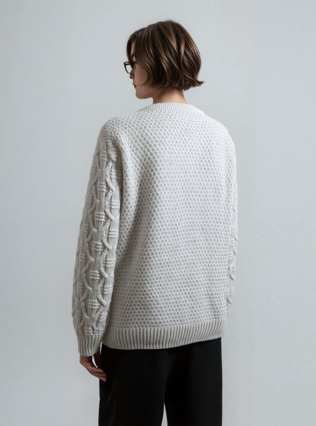 Cream Diamond Design Aran Style Round Neck Jumper