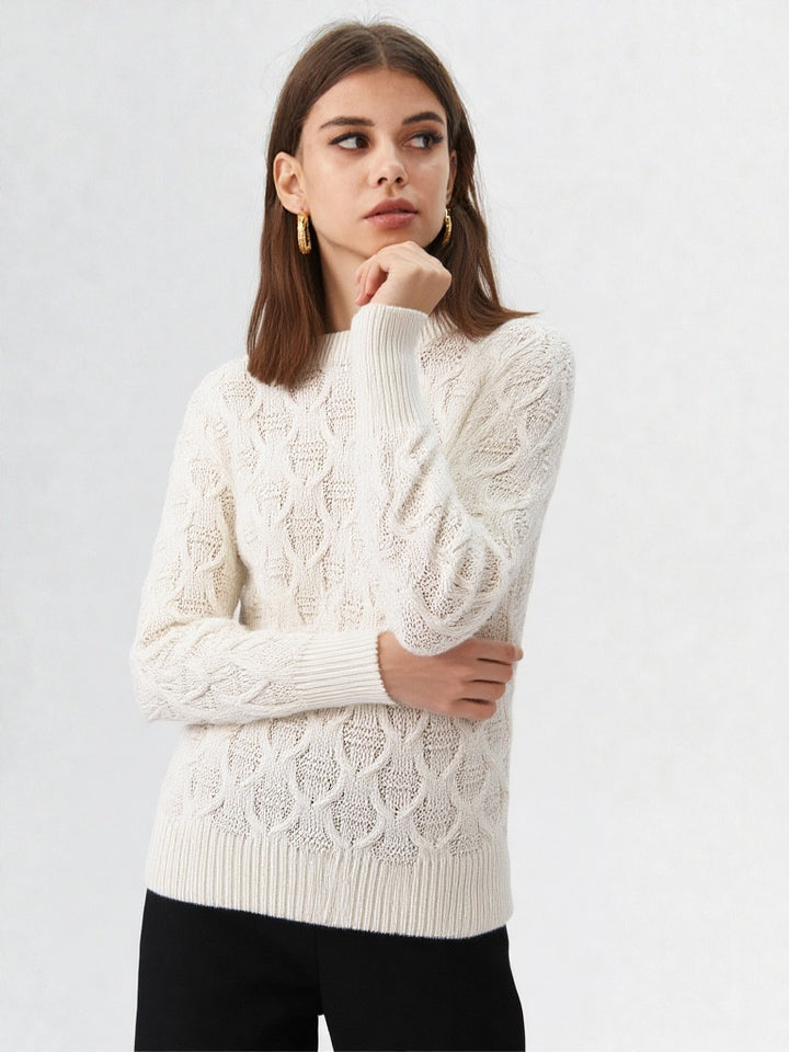 Cream Diamond Design Aran Style Round Neck Jumper