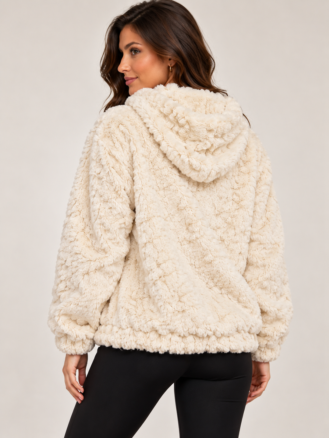 Cream Luxury Curly Faux Fur Zip-Up Hooded Jacket