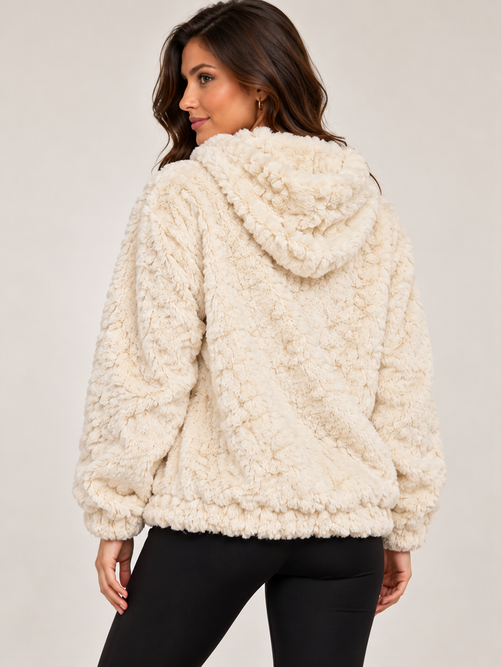 Cream Luxury Curly Faux Fur Zip-Up Hooded Jacket