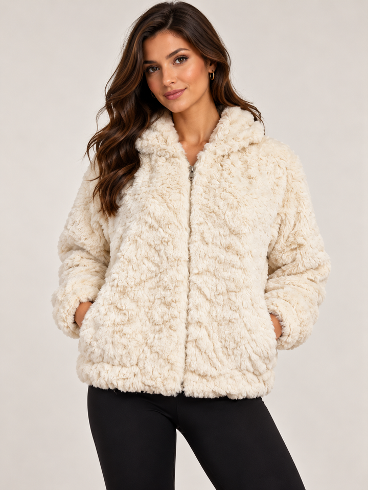 Cream Luxury Curly Faux Fur Zip-Up Hooded Jacket