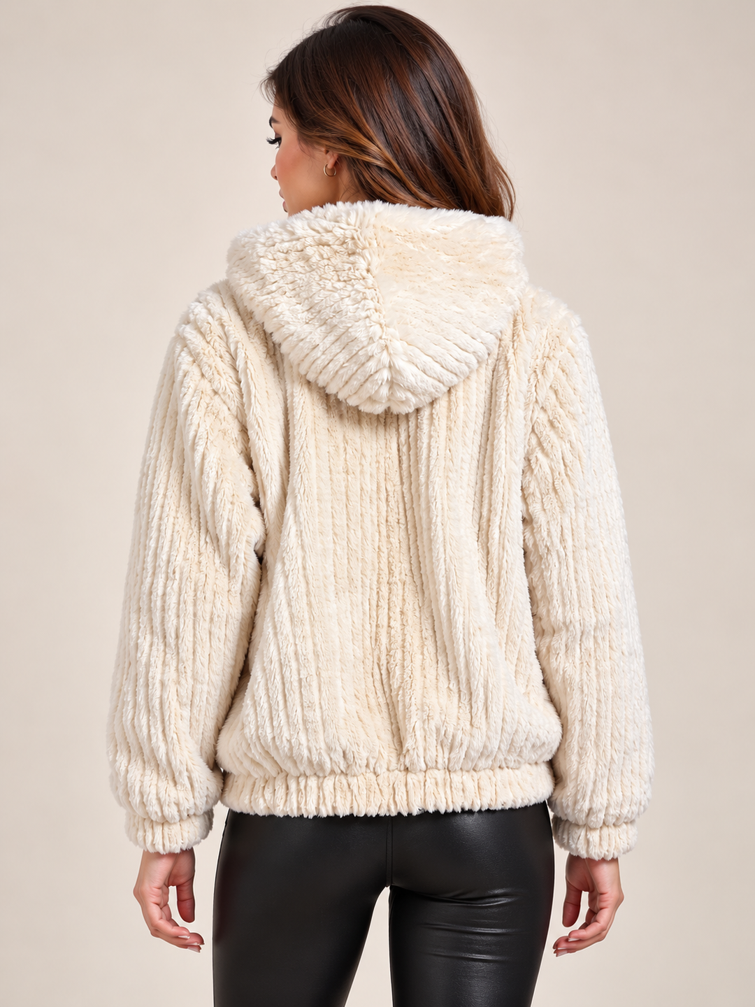 Cream Luxury Ribbed Faux Fur Hooded Zip-Up Jacket