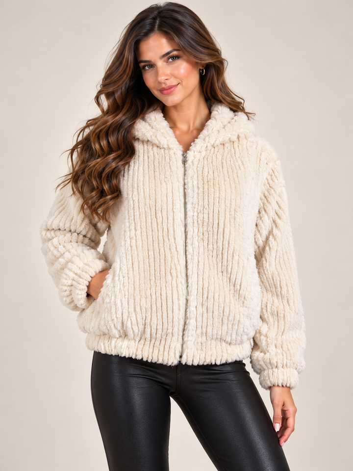 Cream Luxury Ribbed Faux Fur Hooded Zip-Up Jacket