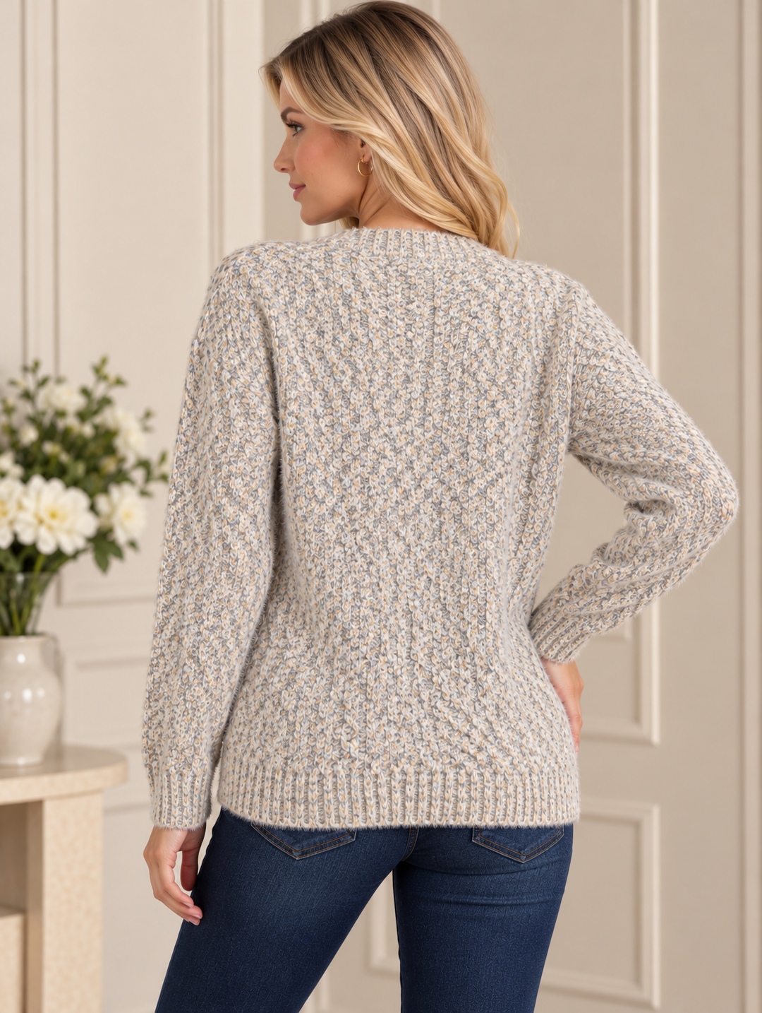 Cream Mix Chunky Soft Knit V-Neck Jumper
