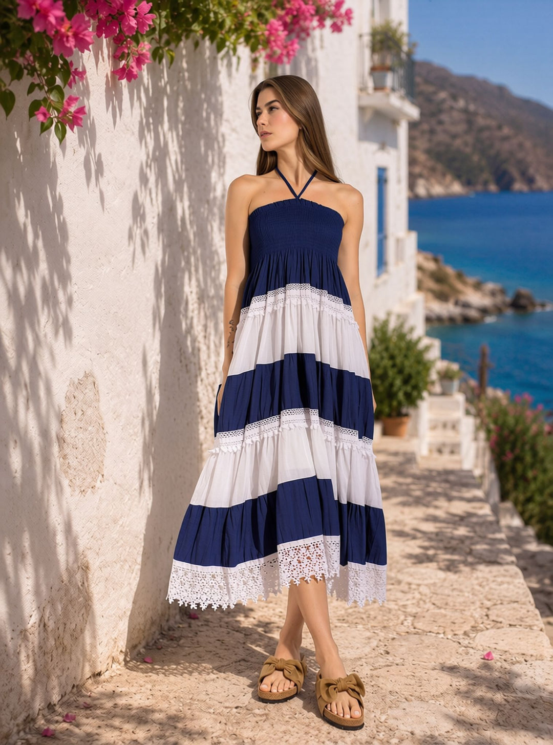 Dark Denim Tiered Halterneck Midi Dress Lightweight Summer Holiday Dress