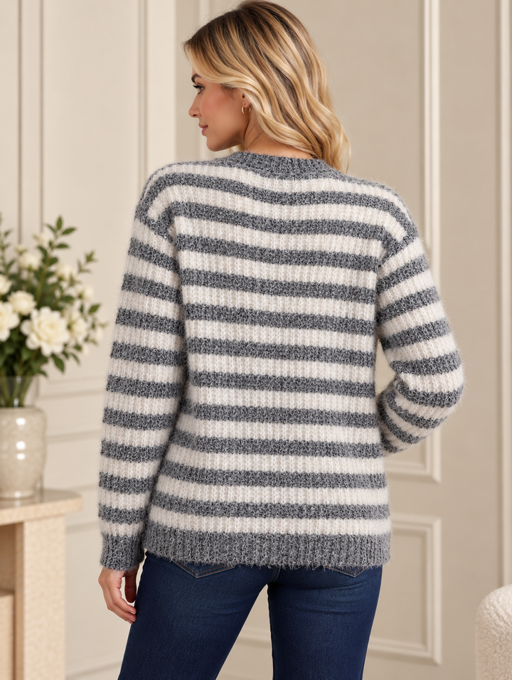 Dark Grey Soft Fluffy Striped Crew Neck Knitted Jumper