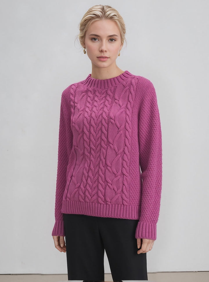 Deep Pink Round Neck Cable Knit Aran Style Jumper