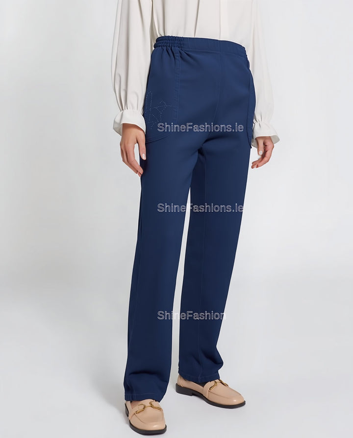 Denim Blue Elastic Waist Pocket Jeans with Stretch