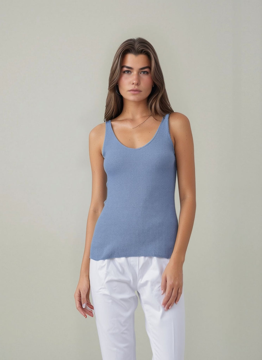 Denim Blue Sleeveless Knit Shimmer Vest Top