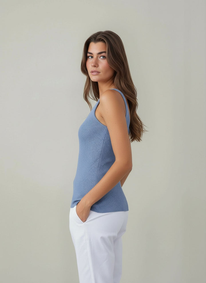 Denim Blue Sleeveless Knit Shimmer Vest Top