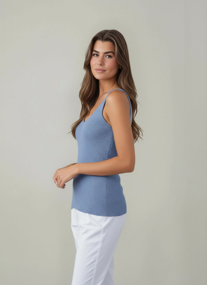 Denim Blue Sleeveless Knit Shimmer Vest Top