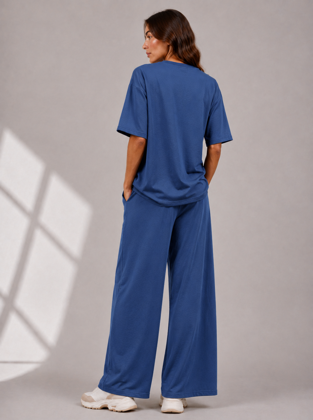 Denim Blue Two Piece Co-Ord Set Oversize Top with Seam Detail Wide Leg Trousers