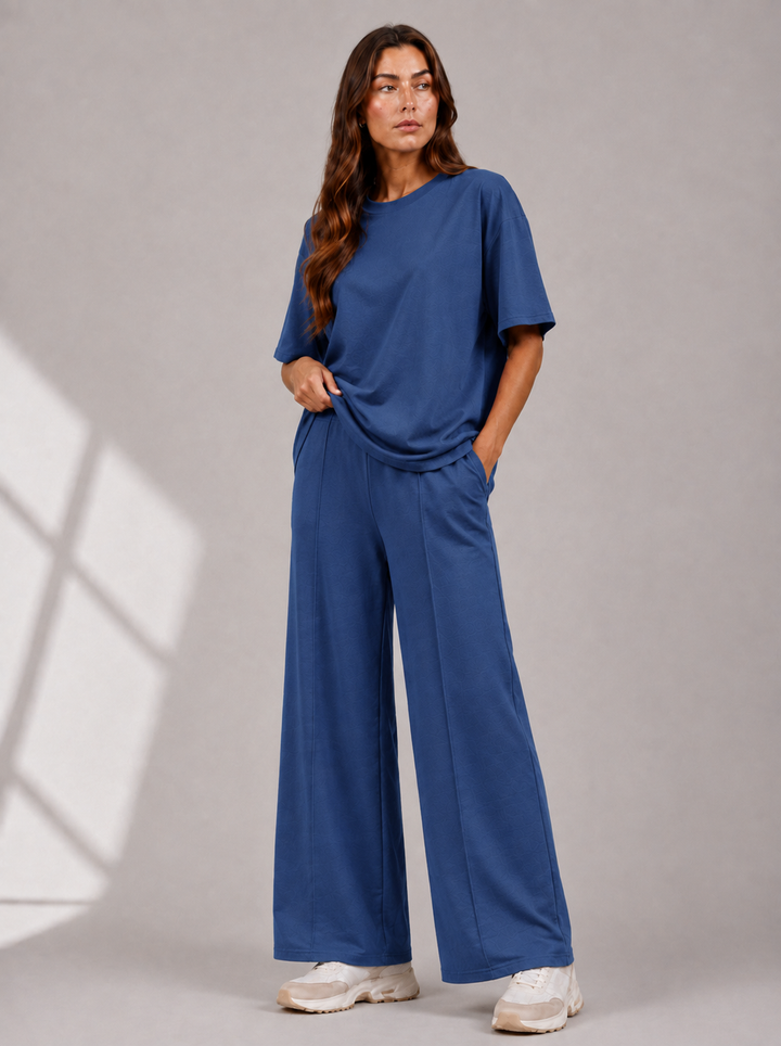 Denim Blue Two Piece Co-Ord Set Oversize Top with Seam Detail Wide Leg Trousers