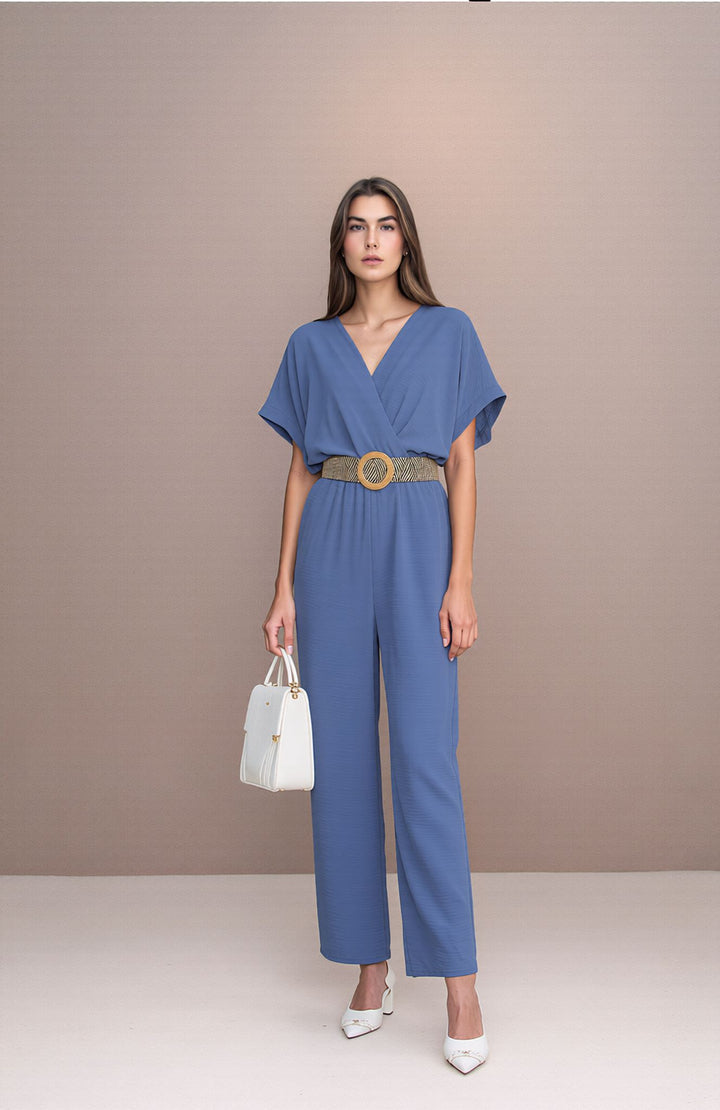 Denim Blue V-Neck Wide Leg Jumpsuit with Belt