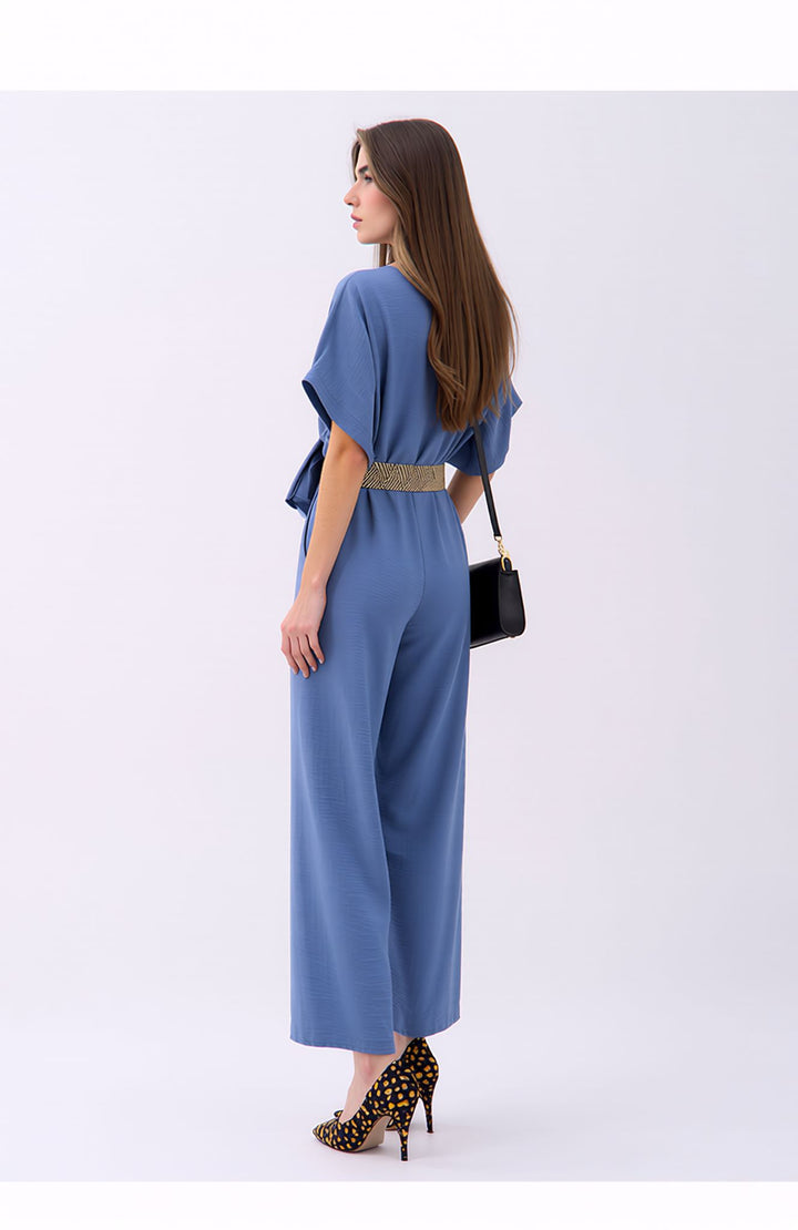 Denim Blue V-Neck Wide Leg Jumpsuit with Belt