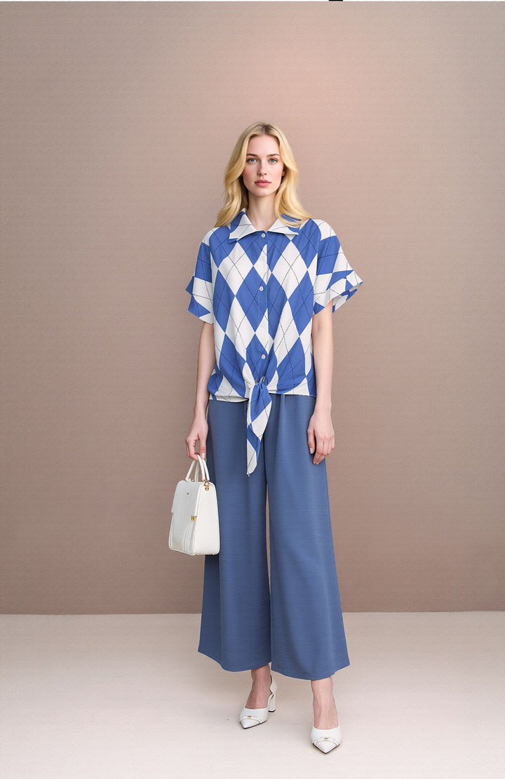 Denim Blue Wide Leg Trousers & Diamond Print Shirt Set