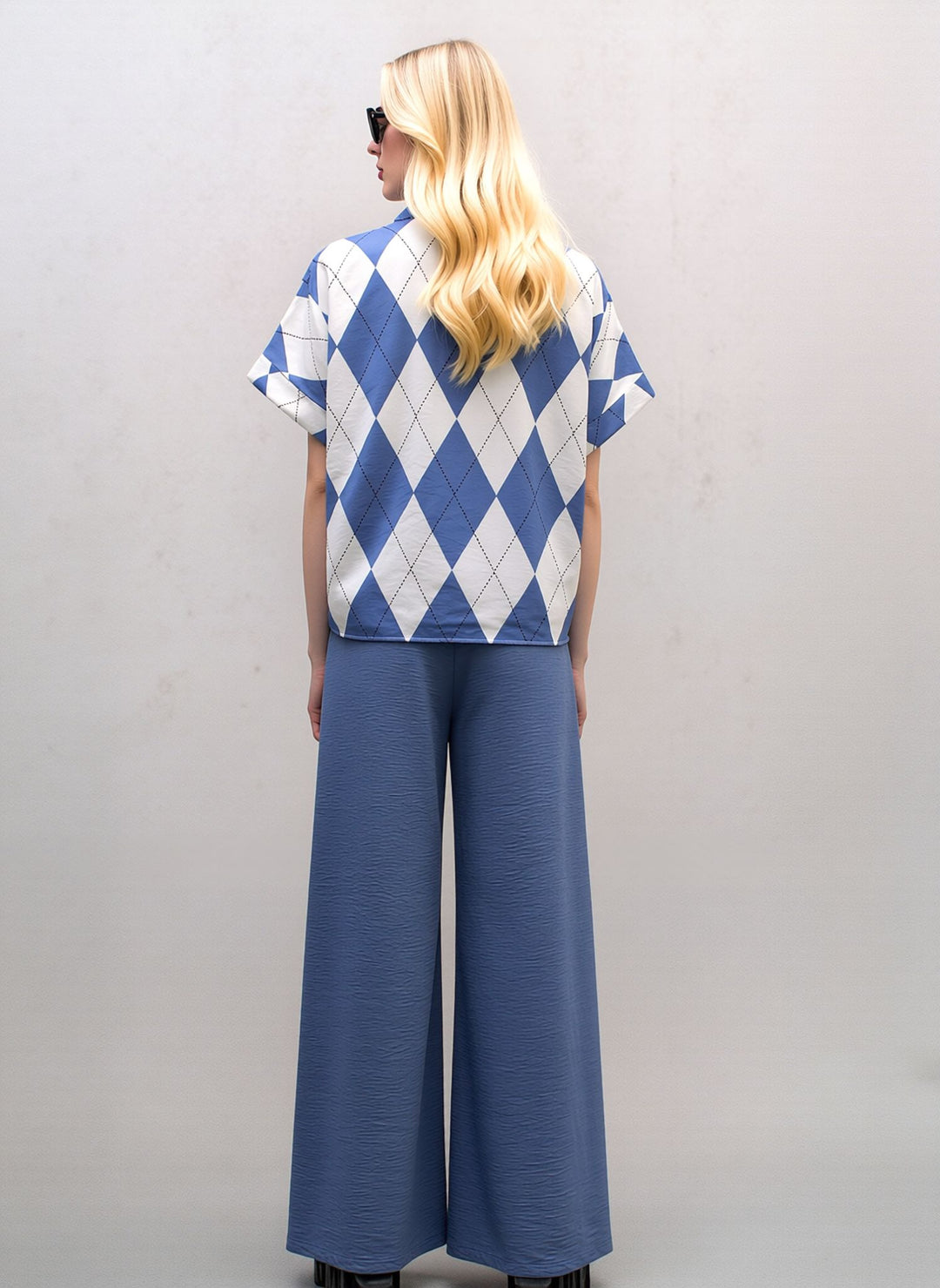 Denim Blue Wide Leg Trousers & Diamond Print Shirt Set