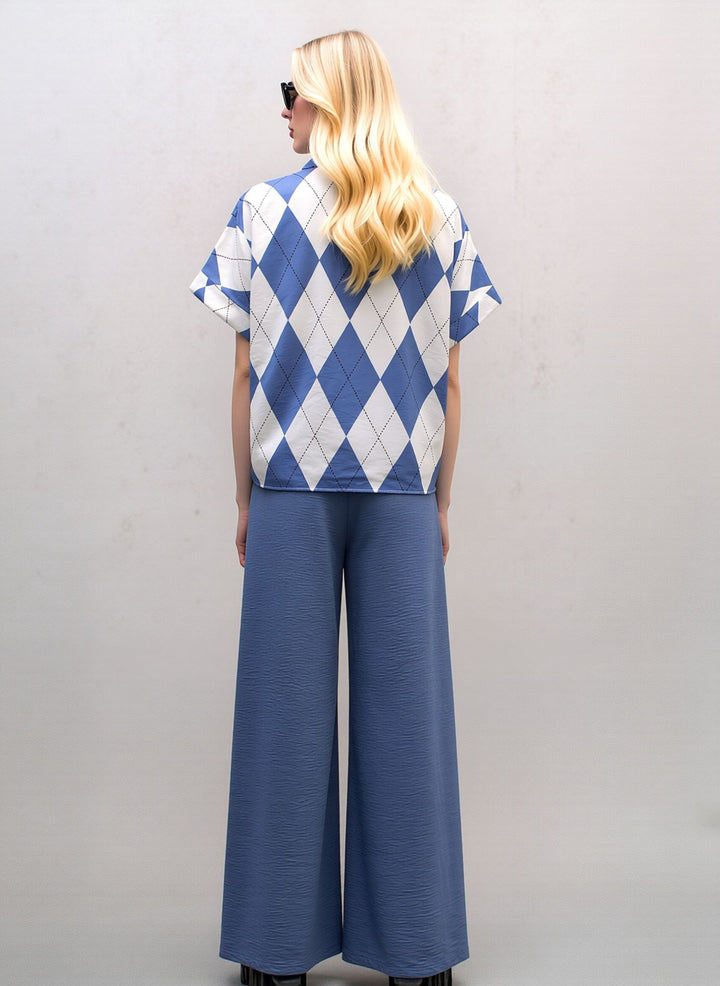 Denim Blue Wide Leg Trousers & Diamond Print Shirt Set