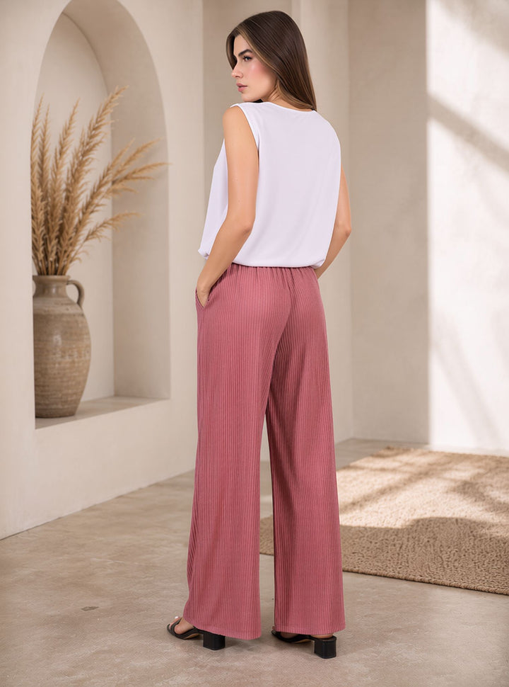 Dusty Pink Crinkle Pleated Wide Leg Trousers Elasticated Waist Pants