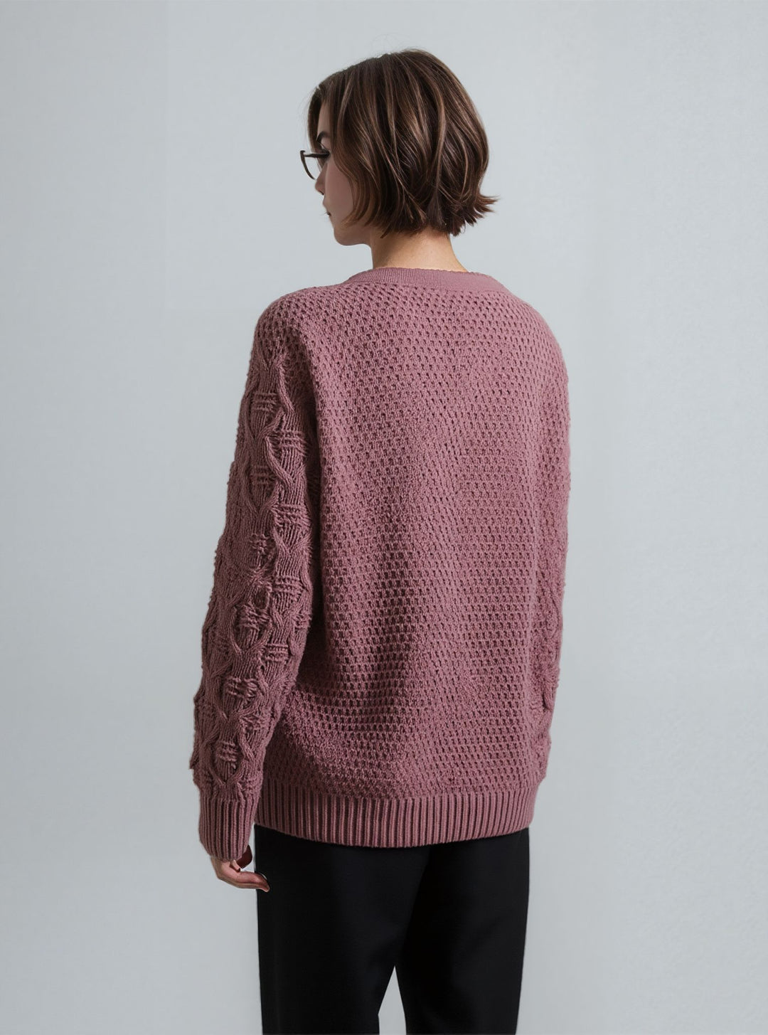 Dusty Pink Diamond Design Aran Style Round Neck Jumper