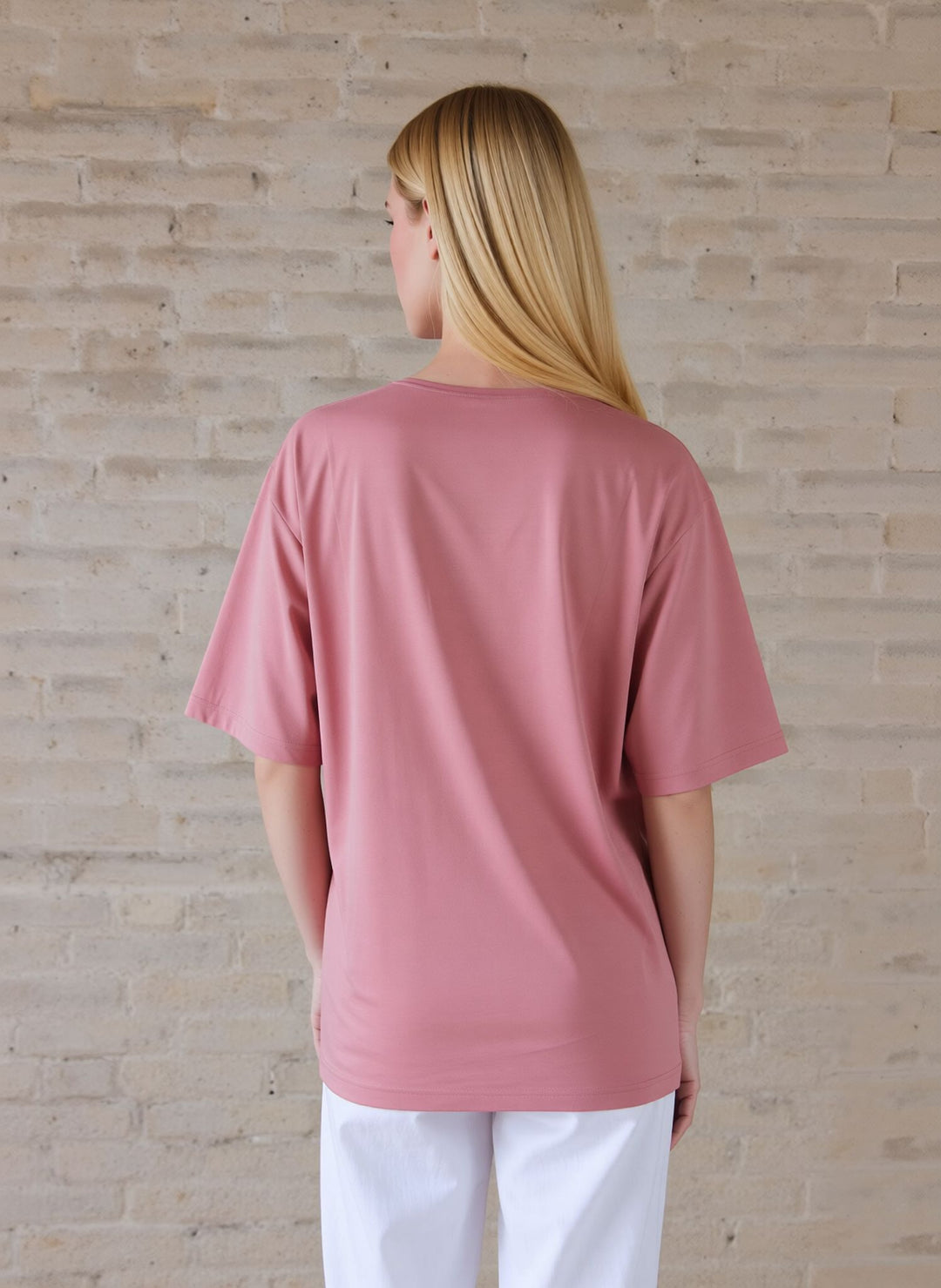 Dusty Pink Embroidered V-Neck T-Shirt Soft Casual Summer Top