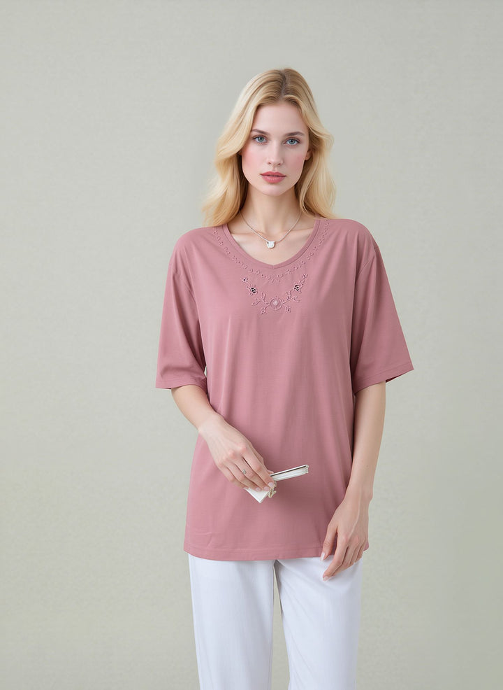 Dusty Pink Embroidered V-Neck T-Shirt Soft Casual Summer Top