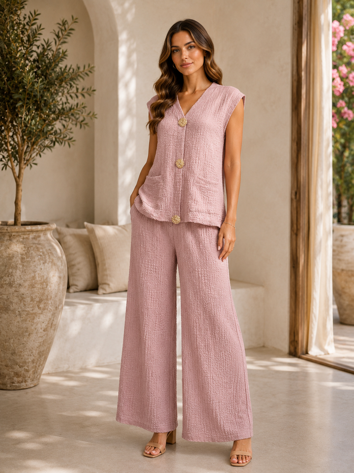 Dusty Pink Textured Two Piece Co-Ord Set Sleeveless Gold Buttons Waistcoat & Wide Leg Trousers