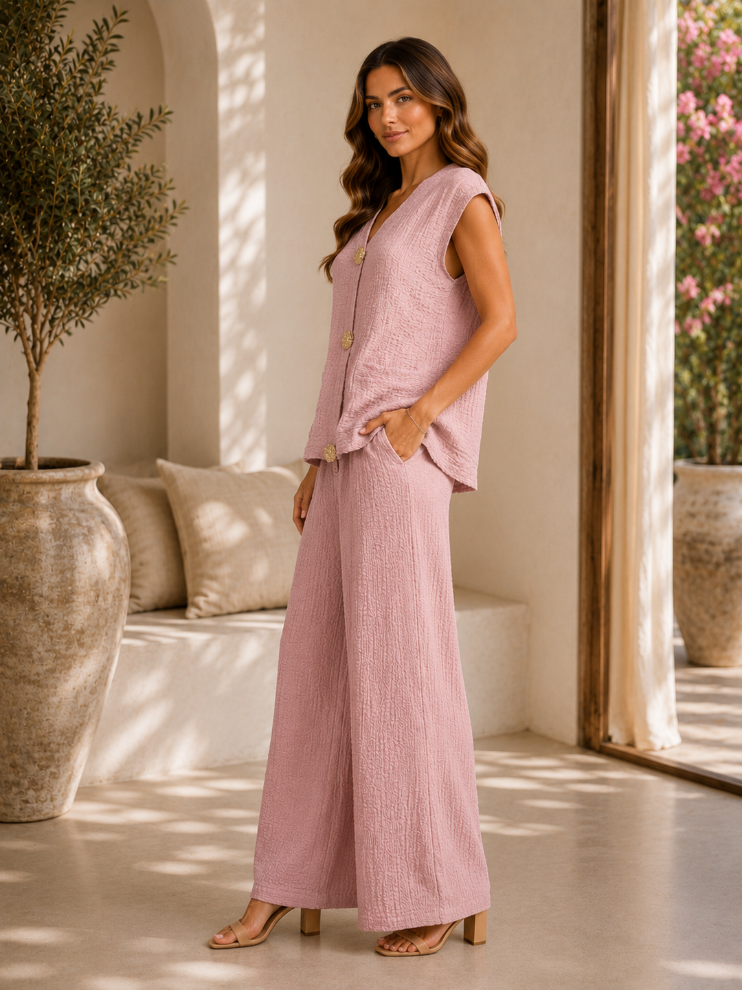Dusty Pink Textured Two Piece Co-Ord Set Sleeveless Gold Buttons Waistcoat & Wide Leg Trousers