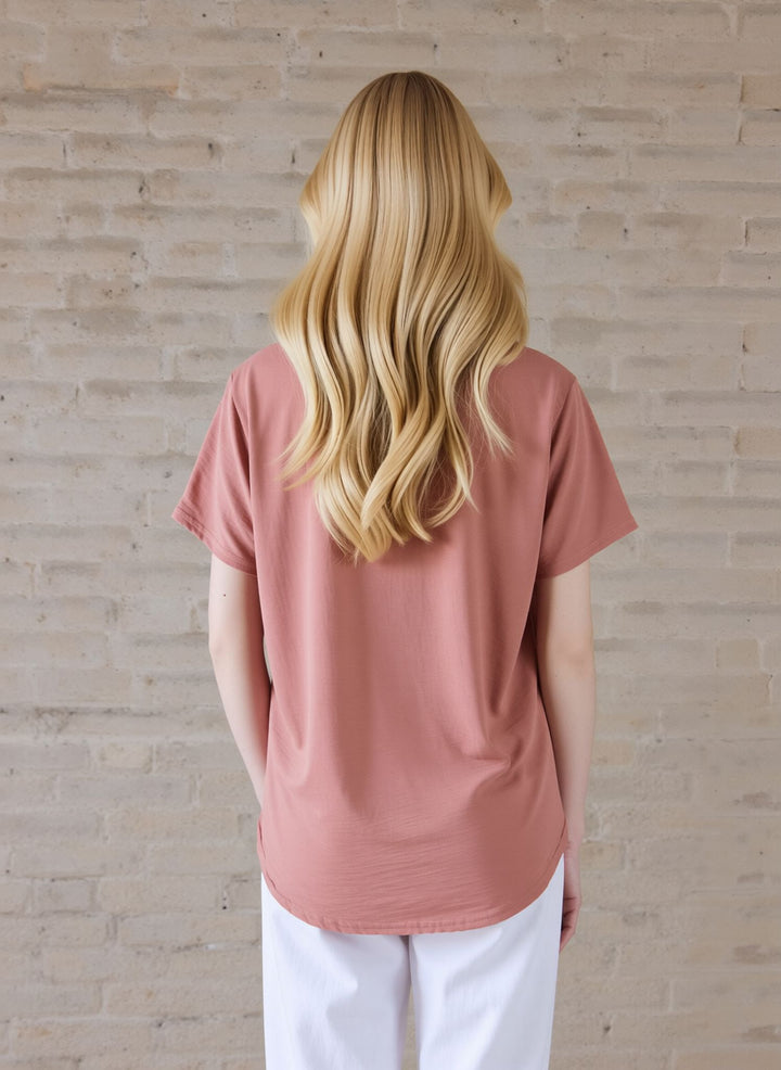 Dusty Pink Zip Front V-Neck Loose Fit Blouse Top