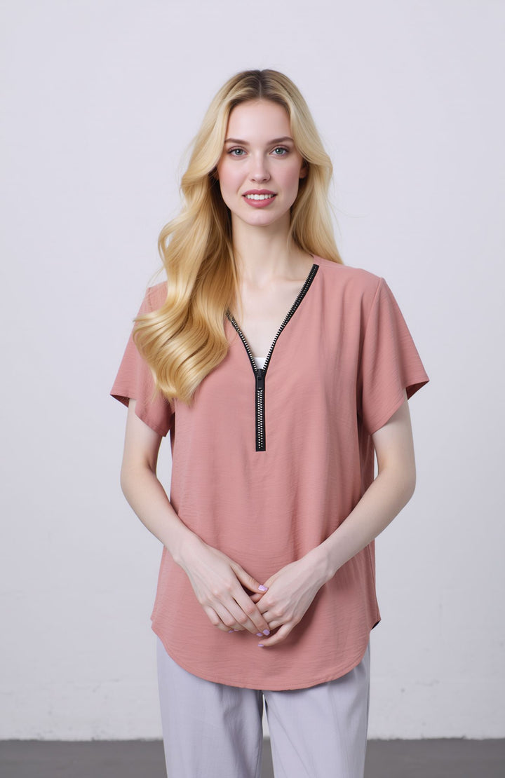 Dusty Pink Zip Front V-Neck Loose Fit Blouse Top