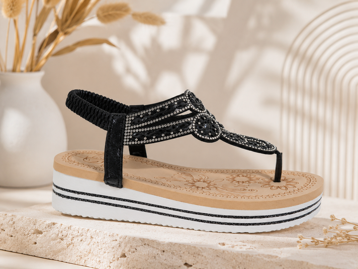 Black Cushion Diamante Platform Toe Post  Elastic Slingback Comfort Sandals