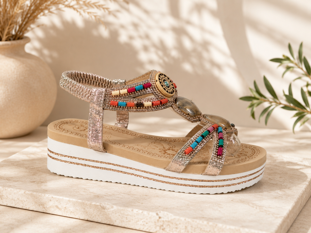 Rose Gold Cushion Diamante Platform Elastic Slingback Comfort Sandals