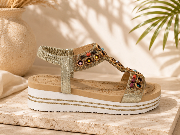 Gold Diamante Platform Elastic Slingback Comfort Summer Sandals