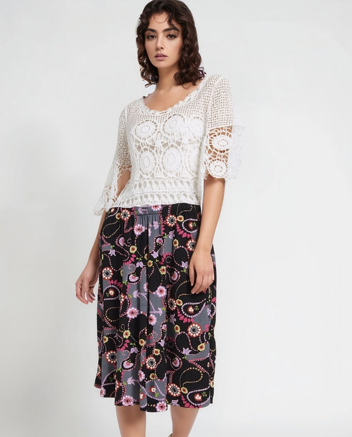 Floral Midi Abstract Print Pull On Elasticated Skirt