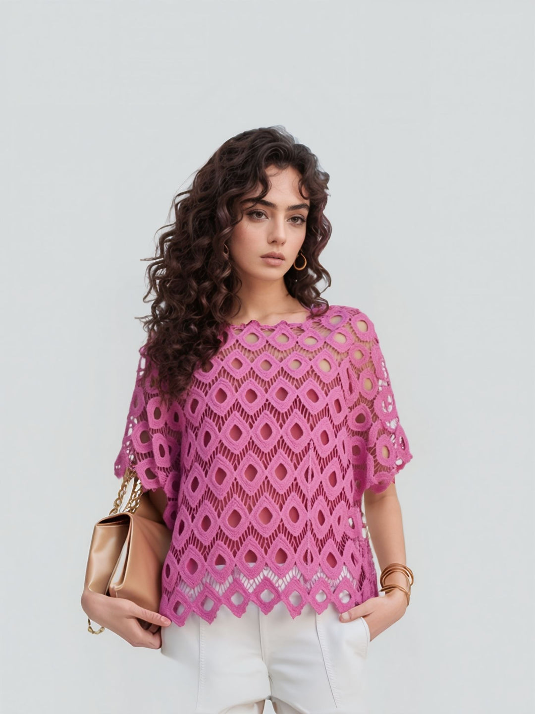 Fuchsia Pink Diamond Crochet Two Piece Batwing Top