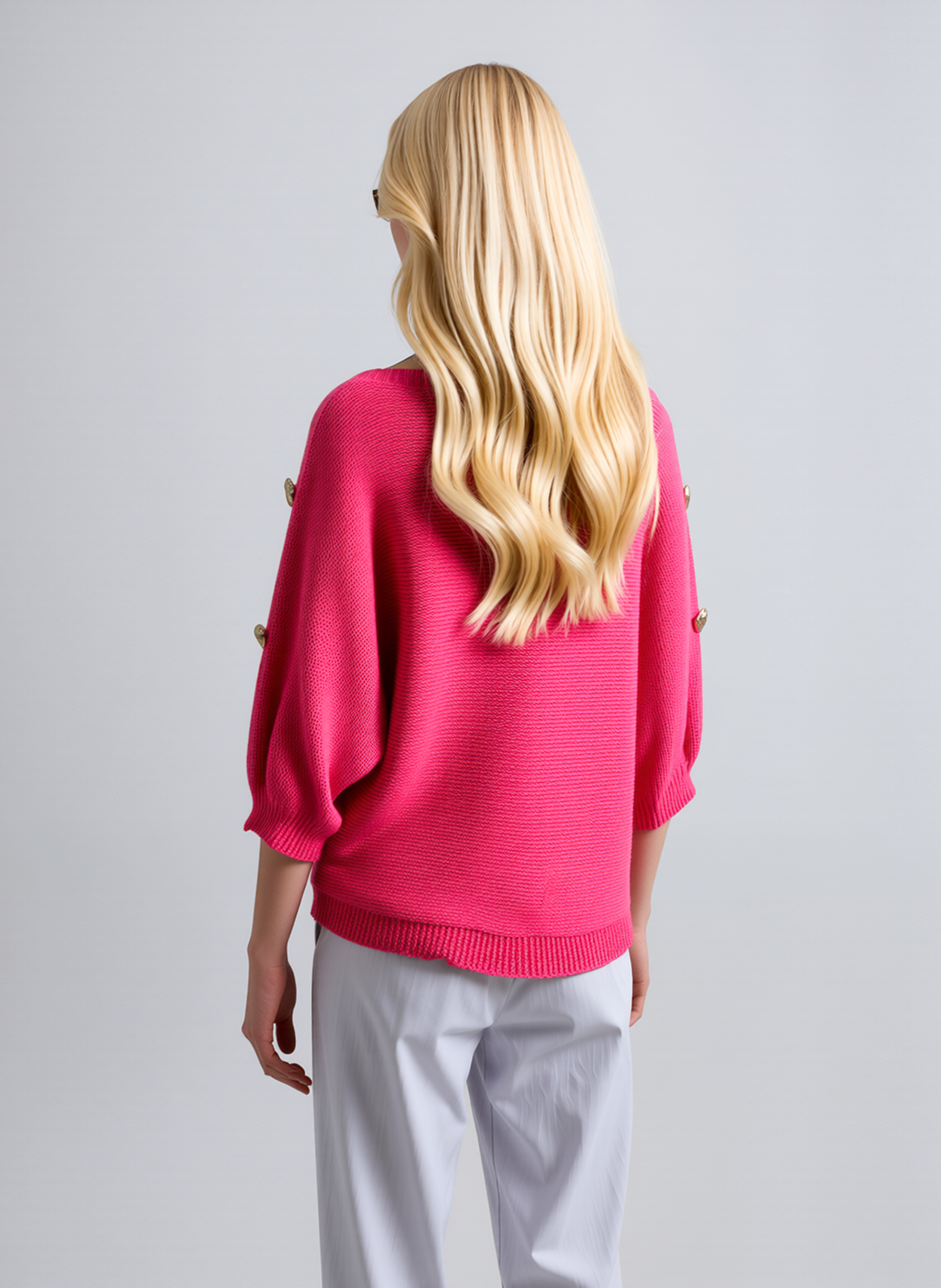Fuchsia Pink Knit Top with Button Sleeve Detail