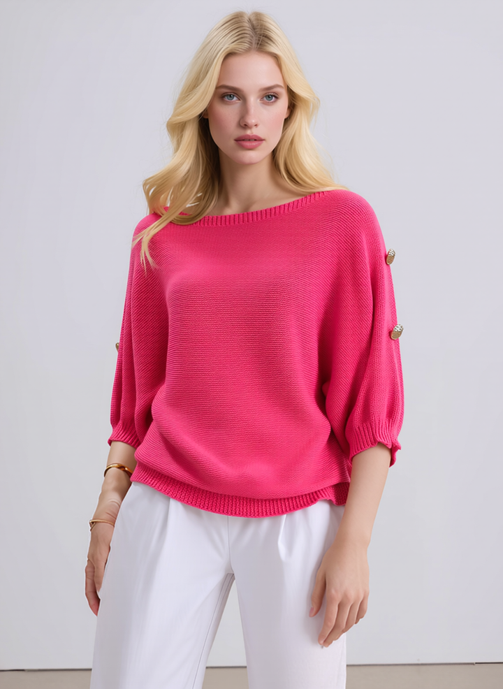 Fuchsia Pink Knit Top with Button Sleeve Detail