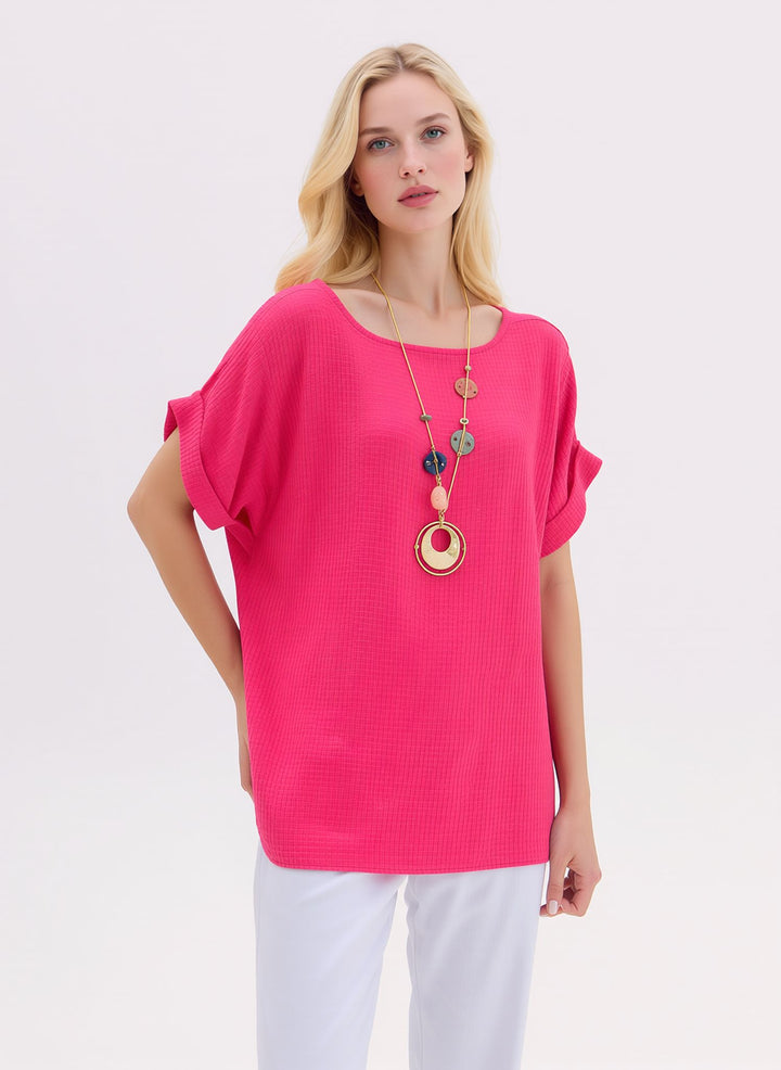 Fuchsia Pink Loose Fit Short Sleeve Casual Waffle Texture Blouse with Necklace