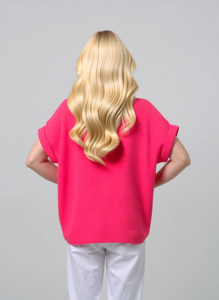 Fuchsia Pink Loose Fit Short Sleeve Casual Waffle Texture Blouse with Necklace