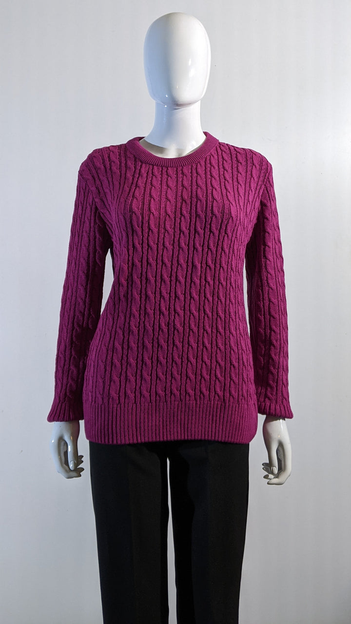 Fuchsia Pink Round Neck Cable Knit Jumper