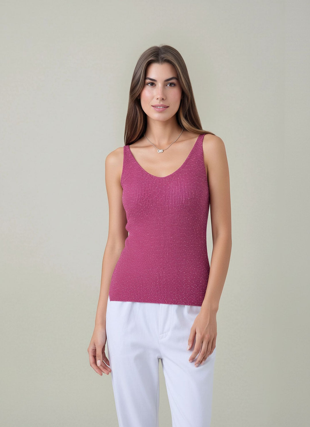 Fuchsia Pink Sleeveless Knit Shimmer Vest Top
