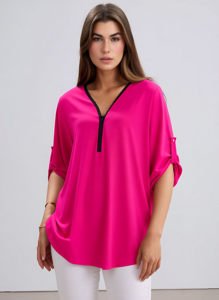 Fuchsia Pink V-Neck Zip Detail Tunic Chic Top