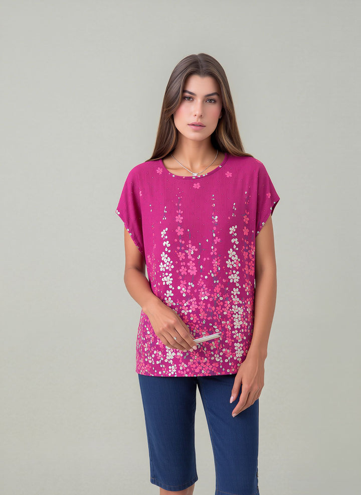 Fuchsia Relaxed Fit Short Sleeve Tunic Top Lightweight Cotton Rich Casual Summer Shirt