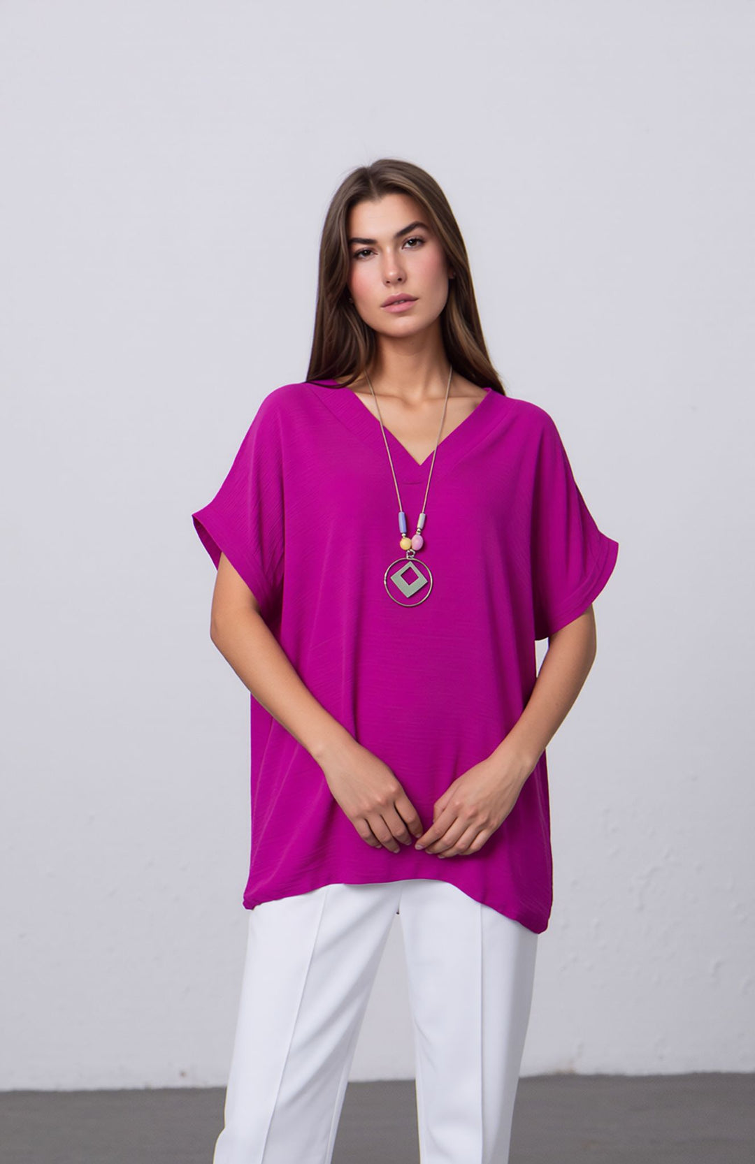 Fuchsia V-Neck Batwing Top with Pendant Necklace Elegant Loose Fit Short Sleeve Blouse