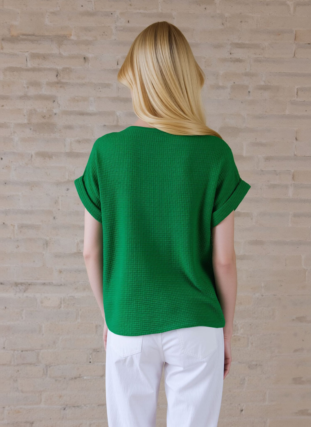 Green Loose Fit Short Sleeve Casual Waffle Texture Blouse with Necklace