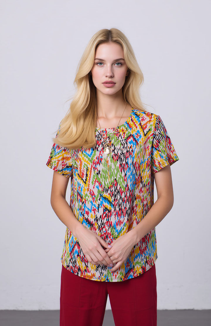 Green Multicolour Abstract Print Short Sleeve Top