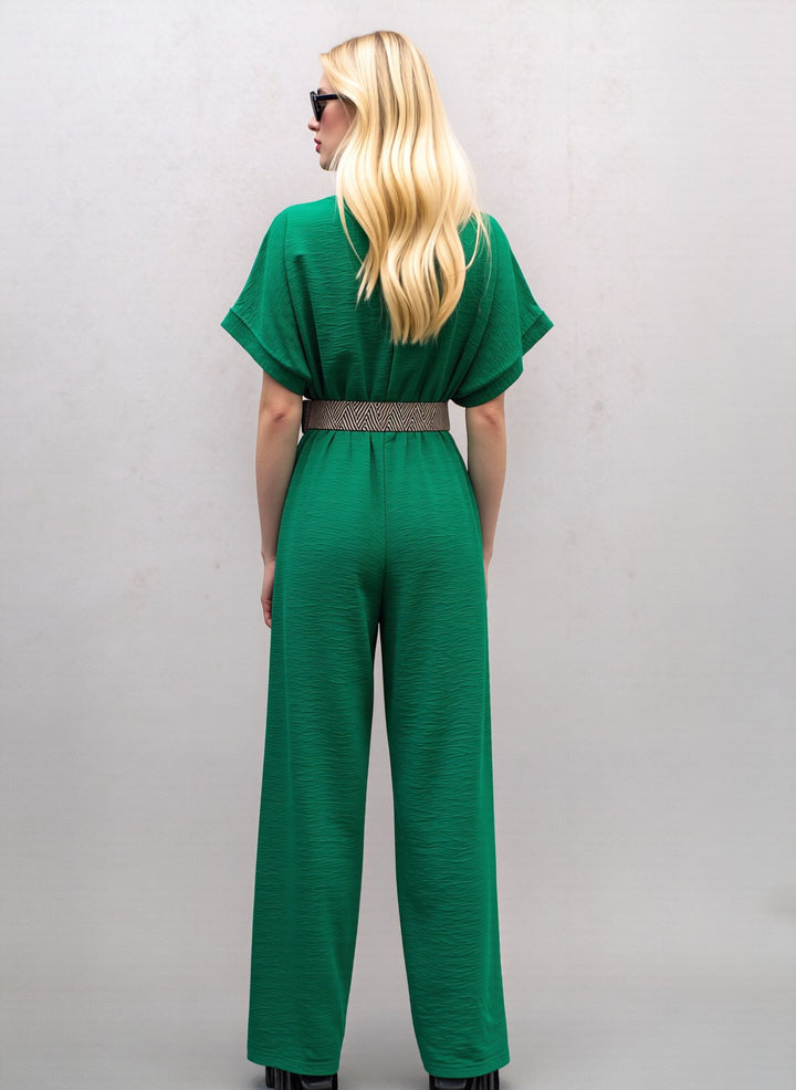 Green V-Neck Wide Leg Jumpsuit with Belt