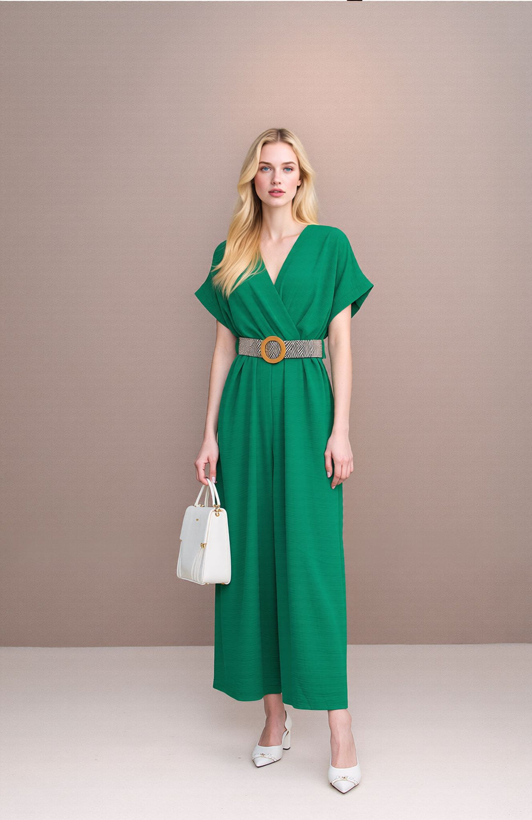 Green V-Neck Wide Leg Jumpsuit with Belt