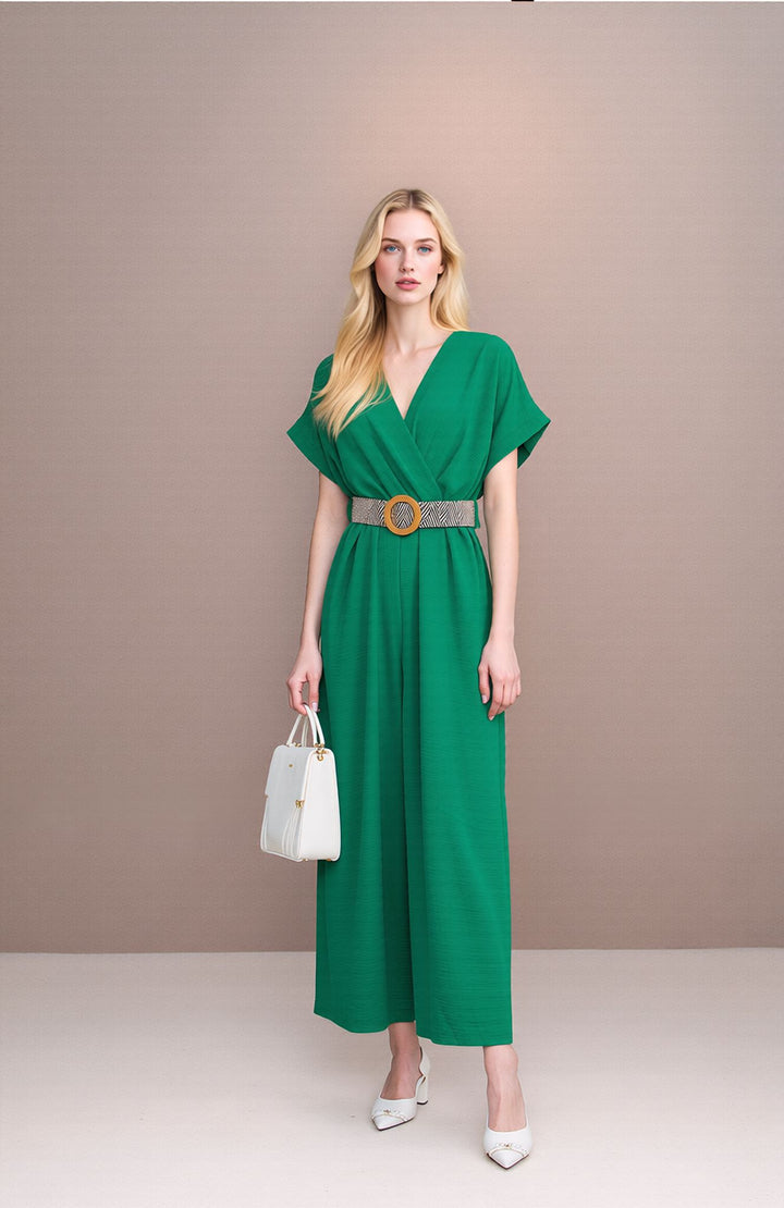 Green V-Neck Wide Leg Jumpsuit with Belt