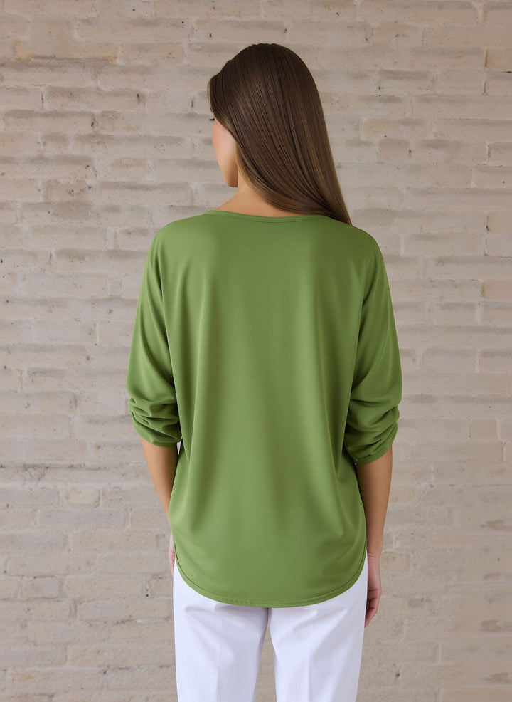 Green V-Neck Zip Detail Tunic Chic Top